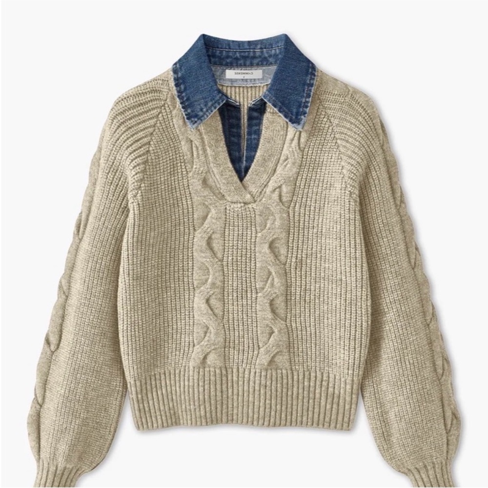 Commense Cable Knit V-Neck Sweater with Denim Collar - Cream